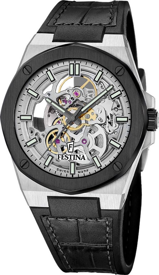 Festina Automatikuhr Festina Herrenuhr Automatik Armbanduhr, (Analoguhr), Herren Armbanduhr rund, Lederarmband schwarz, Luxus von Festina