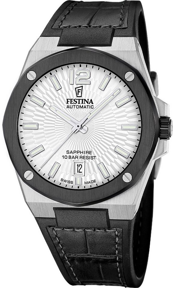Festina Automatikuhr Festina Herrenuhr Automatik Armbanduhr, (Analoguhr), Herren Armbanduhr rund, Lederarmband schwarz, Luxus von Festina