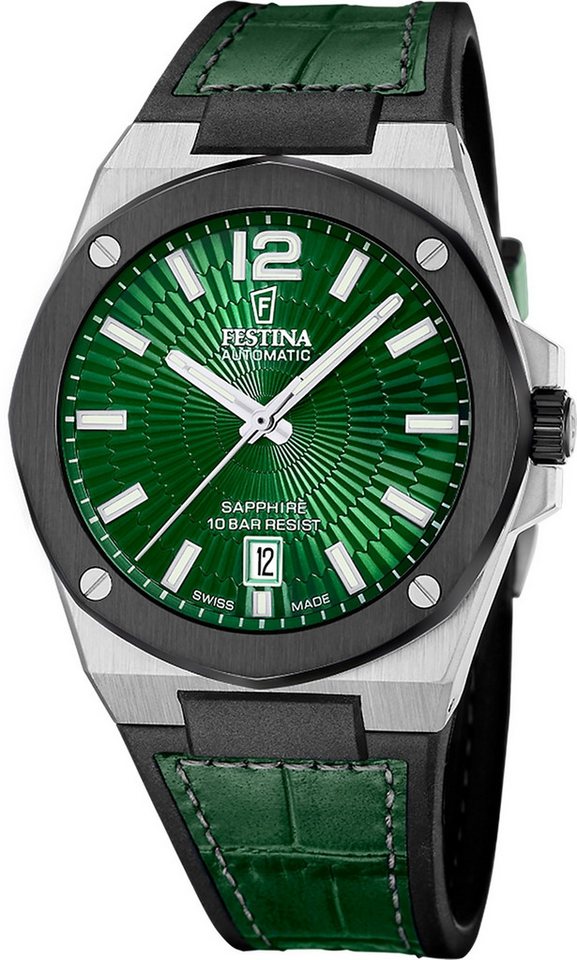 Festina Automatikuhr Festina Herrenuhr Automatik Armbanduhr, (Analoguhr), Herren Armbanduhr rund, Lederarmband schwarz, Luxus von Festina