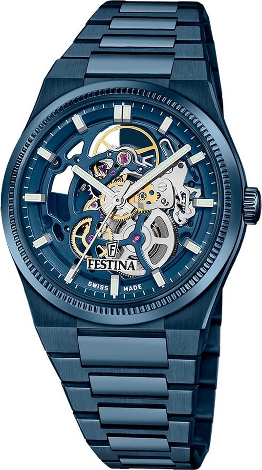Festina Automatikuhr Festina Herrenuhr Swiss Made Armbanduhr, (Analoguhr), Herren Armbanduhr rund, Edelstahlarmband blau, Elegant von Festina