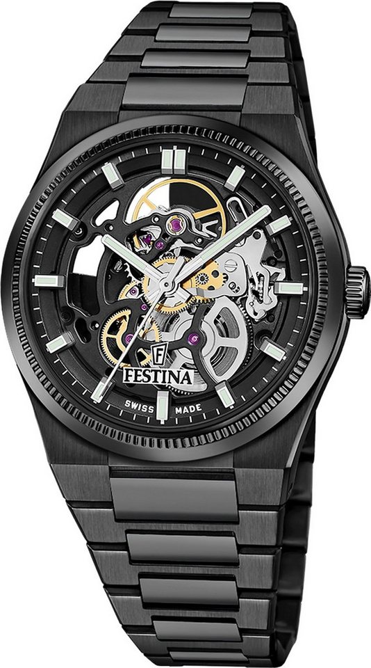 Festina Automatikuhr Festina Herrenuhr Swiss Made Armbanduhr, (Analoguhr), Herren Armbanduhr rund, Edelstahlarmband schwarz, Elegant von Festina