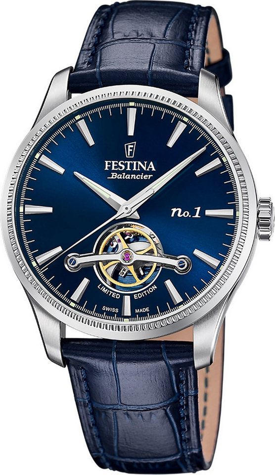 Festina Automatikuhr Festina Herrenuhr Swiss Made Armbanduhr, (Analoguhr), Herren Armbanduhr rund, Lederarmband Blau, Elegant von Festina