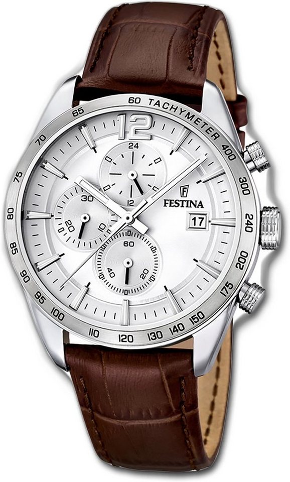 Festina Chronograph Festina Leder Herrenuhr Quarz, Herrenuhr Lederarmband braun, rund, groß (ca. 44mm) von Festina