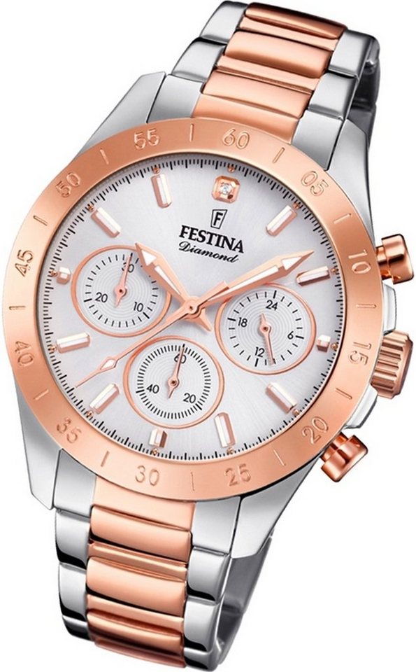 Festina Chronograph Festina Edelstahl Damen Uhr, Damenuhr Edelstahlarmband silber, rosé, rund, mittel (ca. 39mm) von Festina