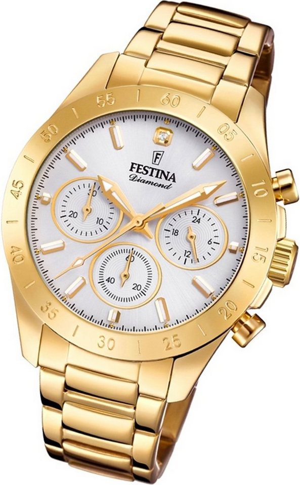 Festina Chronograph Festina Edelstahl Damen Uhr, Damenuhr Edelstahlarmband gold, rund, mittel (ca. 39mm) von Festina