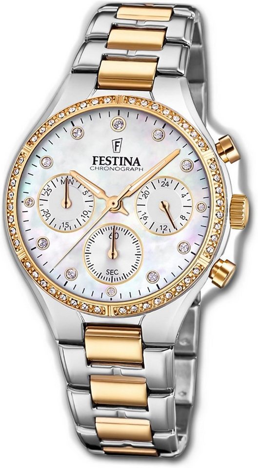 Festina Chronograph Festina Edelstahl Damen Uhr, Damenuhr Edelstahlarmband silber, gold, rund, mittel (ca. 36mm) von Festina