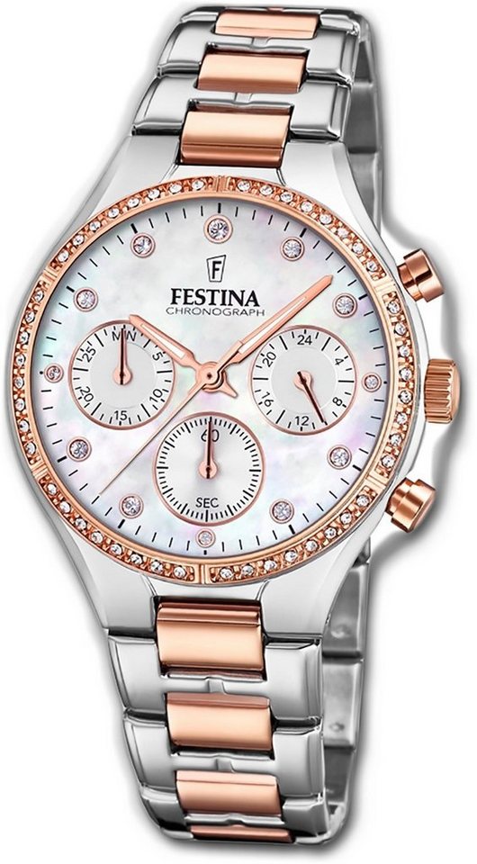 Festina Chronograph Festina Edelstahl Damen Uhr, Damenuhr Edelstahlarmband silber, rose, rund, mittel (ca. 36mm) von Festina