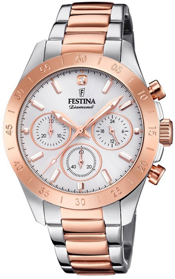 Festina Chronograph Festina Damen Uhr F20398/1 Edelstahl, Damen Armbanduhr rund, Edelstahlarmband silber, rosé von Festina