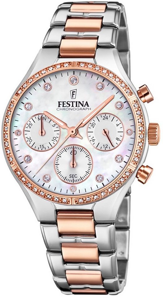 Festina Chronograph Festina Damen Uhr F20403/1 Edelstahl, Damen Armbanduhr rund, Edelstahlarmband silber, rose von Festina