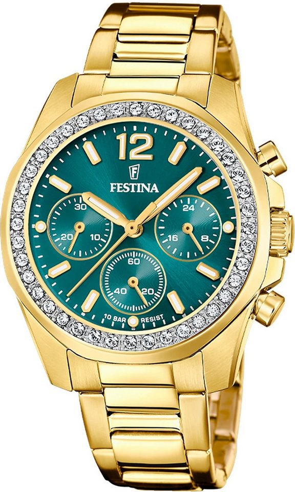 Festina Chronograph Festina Damenuhr Boyfriend Armbanduhr, (Chronograph), Damen Armbanduhr rund, Edelstahlarmband gold, Casual von Festina