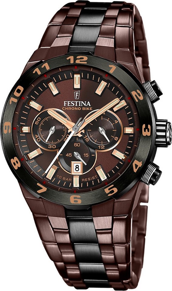 Festina Chronograph Festina Herrenuhr Chrono Bike Armbanduhr, (Chronograph), Herren Armbanduhr rund, Edelstahlarmband braun, schwarz, Sportlich von Festina