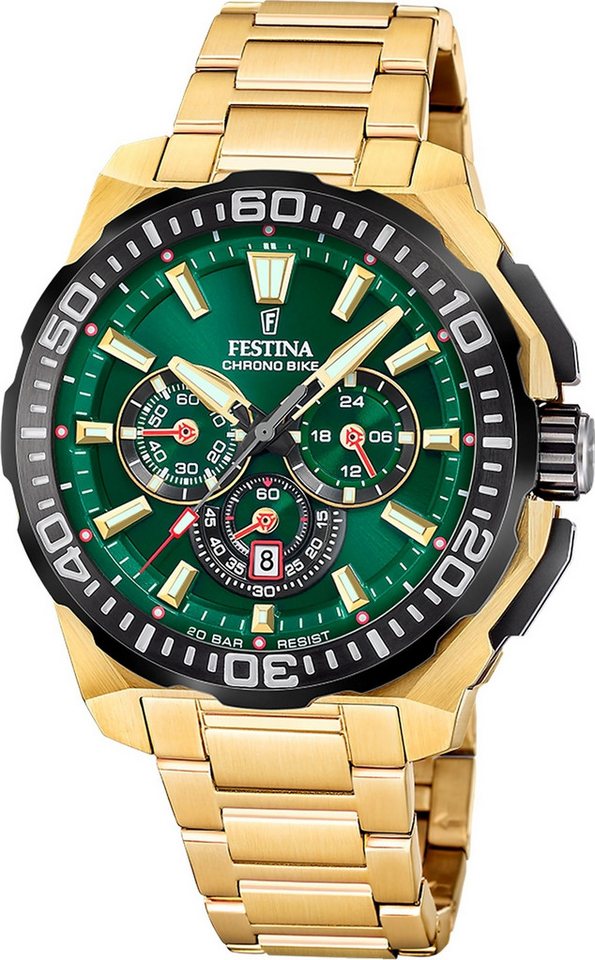 Festina Chronograph Festina Herrenuhr Chrono Bike Armbanduhr, (Chronograph), Herren Armbanduhr rund, Edelstahlarmband gold, Sportlich von Festina