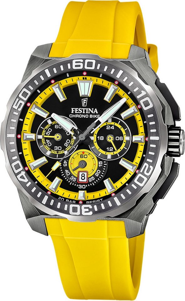 Festina Chronograph Festina Herrenuhr Chrono Bike Armbanduhr, (Chronograph), Herren Armbanduhr rund, Kautschukarmband gelb, Sportlich von Festina