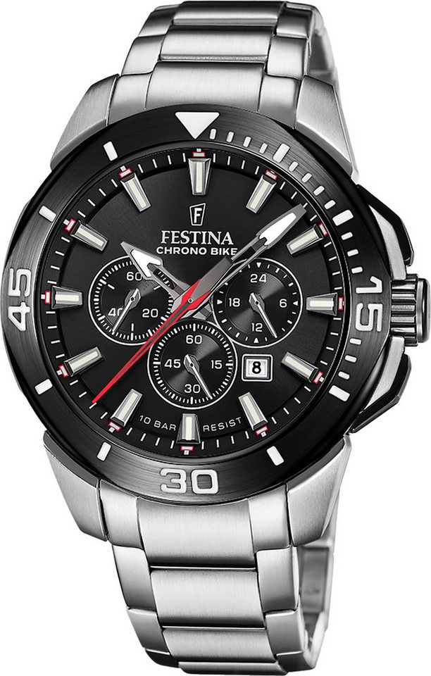 Festina Chronograph Festina Herrenuhr Edelstahl silber, (Chronograph), Herren Armbanduhr rund, Edelstahlarmband silber, Sport von Festina