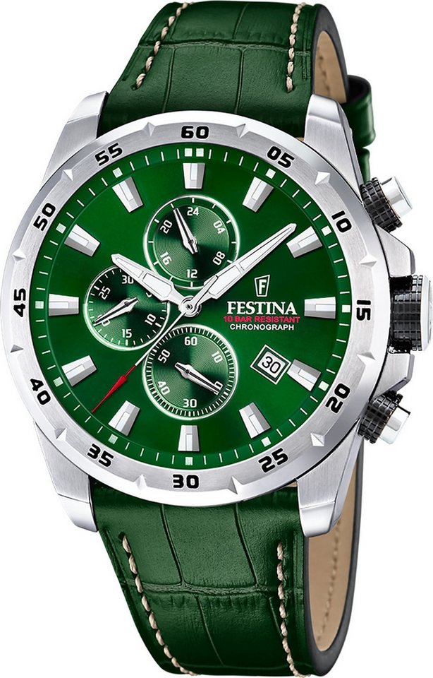 Festina Chronograph Festina Herrenuhr Leder grün Festina, (Chronograph), Herren Armbanduhr rund, Lederarmband grün, Elegant von Festina