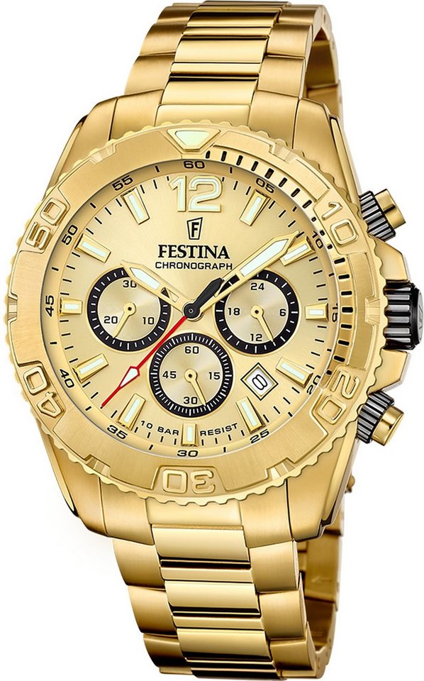 Festina Chronograph Festina Herrenuhr Timeless Chronograph, (Chronograph), Herren Armbanduhr rund, Edelstahlarmband gold, Elegant von Festina