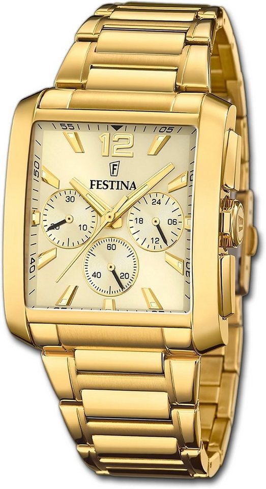 Festina Chronograph Festina Herrenuhr Timeless Chronograph, Herrenuhr Edelstahlarmband gold, eckig, mittel (ca. 37mm) von Festina