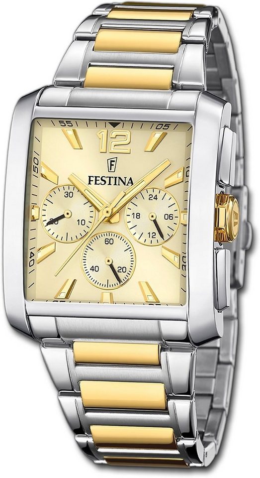 Festina Chronograph Festina Herrenuhr Timeless Chronograph, Herrenuhr Edelstahlarmband silber, gold, eckig, mittel (ca. 37mm) von Festina