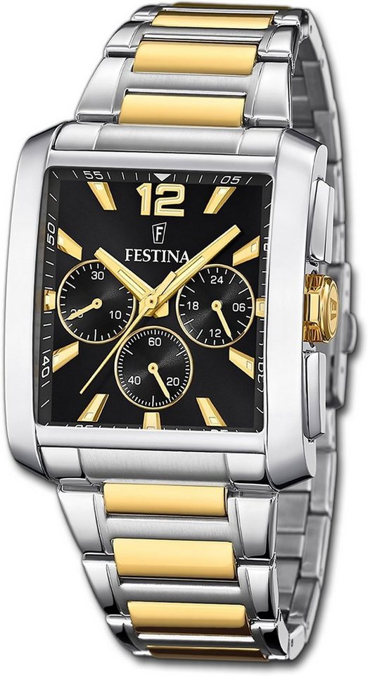 Festina Chronograph Festina Herrenuhr Timeless Chronograph, Herrenuhr Edelstahlarmband silber, gold, eckig, mittel (ca. 37mm) von Festina