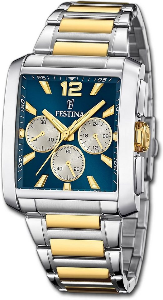 Festina Chronograph Festina Herrenuhr Timeless Chronograph, Herrenuhr Edelstahlarmband silber, gold, eckig, mittel (ca. 37mm) von Festina