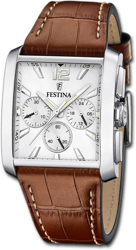 Festina Chronograph Festina Herrenuhr Timeless Chronograph, Herrenuhr Lederarmband braun, eckig, mittel (ca. 37mm) von Festina