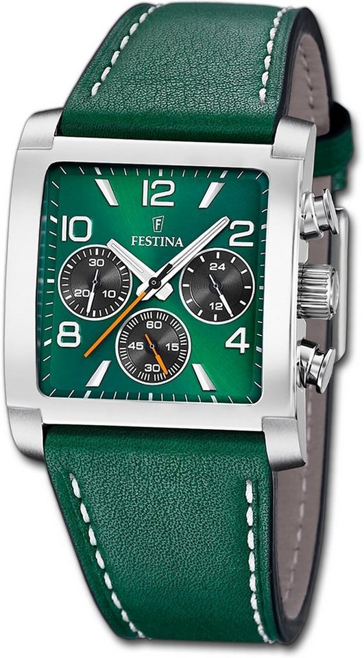 Festina Chronograph Festina Herrenuhr Timeless Chronograph, Herrenuhr Lederarmband grün, eckig, mittel (ca. 36mm) von Festina