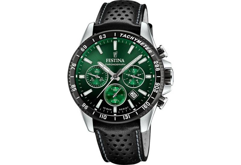 Festina Chronograph Herren F20561/5 – Sportlich-elegante Quarzuhr mit grünem Zifferblatt, Edelstahlgehäuse und schwarzem Lederarmband, 45 mm, 10 Bar wasserdicht von Festina