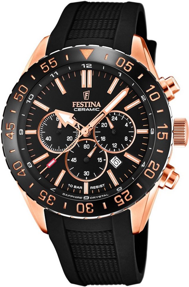 Festina Chronograph Keramik Kollektion F20516/2, Armbanduhr, Quarz, Herren, Keramiklünette, Saphirglas, Stoppfunktion von Festina