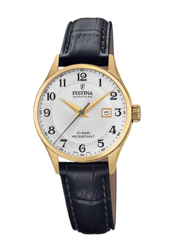 Festina Uhr Für Damen F20011/5 Swiss Made Gold Edelstahl Case SchwarzLeder Band von Festina