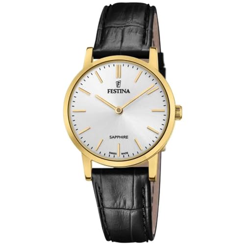 Festina Uhr Für Damen F20017/1 Swiss Made Gold Edelstahl Case SchwarzLeder Band von Festina