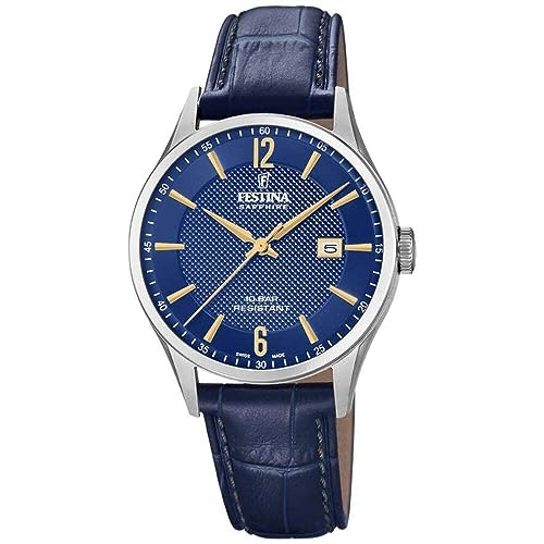 Festina Uhr Für Herren F20007/3 Swiss Made Silber Edelstahl Case BlauLeder Band von Festina