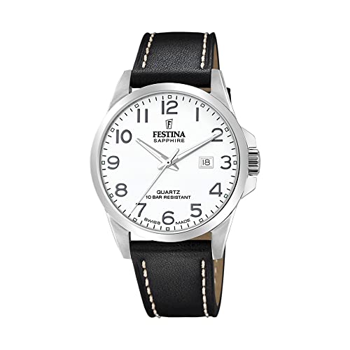 Festina Uhr Für Herren F20025/1 Swiss Made Silber Edelstahl Case SchwarzLeder Band von Festina