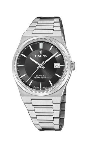 Festina Herrenuhr F20034/4 Swiss Made 316L Edelstahlgehäuse Silber 316L Edelstahlband Silber, Schwarz , Armband von Festina