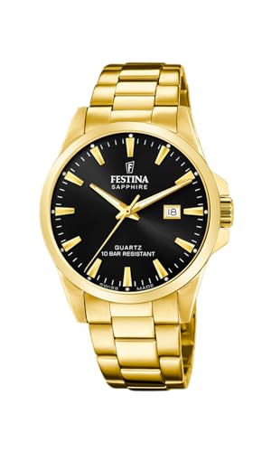Festina Herrenuhr F20044/6 Swiss Made Uhrengehäuse aus Edelstahl 316L, goldfarbenes Armband aus Edelstahl 316L, Schwarz von Festina