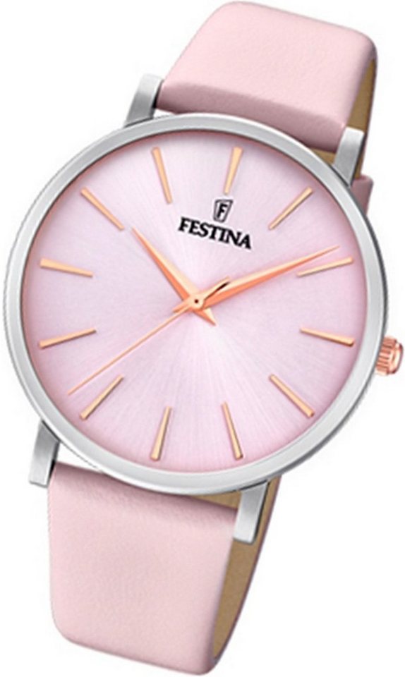 Festina Quarzuhr Festina Leder Damen Uhr, Damenuhr Lederarmband rose, rund, mittel (ca. 38mm) von Festina