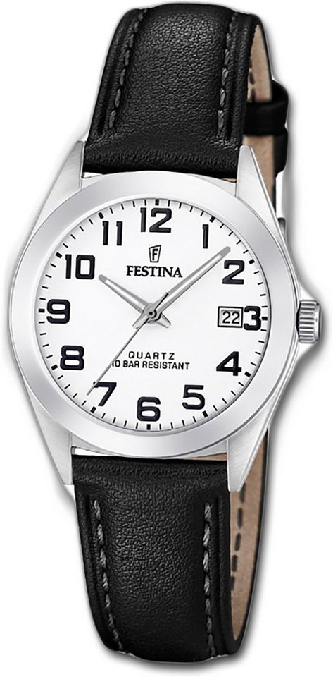 Festina Quarzuhr Festina Leder Damen Uhr, Damenuhr Lederarmband schwarz, rund, klein (ca. 28mm) von Festina