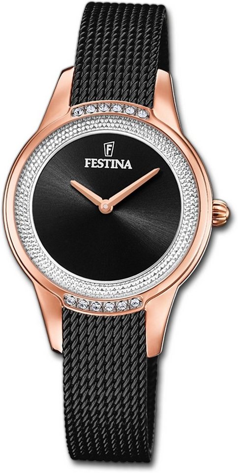 Festina Quarzuhr Festina Edelstahl Damen Uhr, Damenuhr Edelstahlarmband schwarz, rund, mittel (ca. 30mm) von Festina