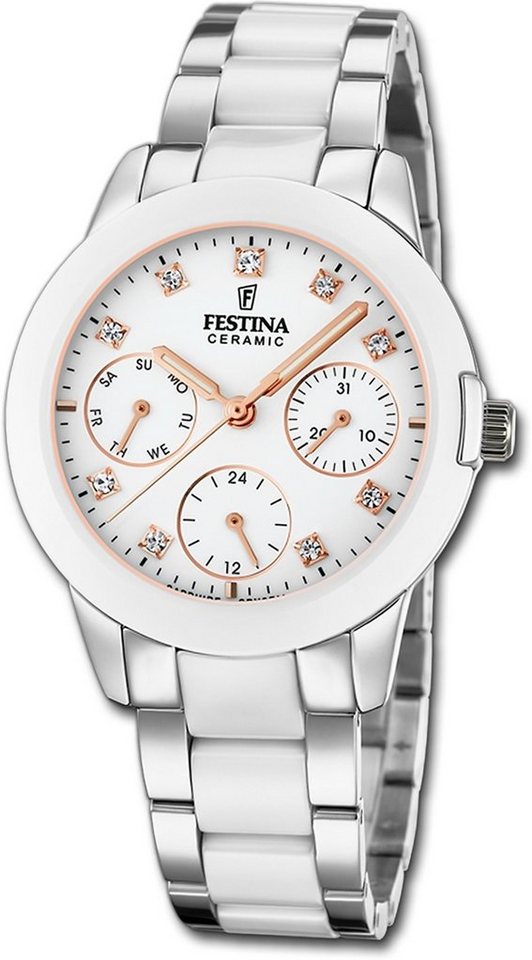 Festina Quarzuhr Festina Edelstahl Damen Uhr, Damenuhr Edelstahl, Keramikarmband silber weiß, rund, mittel (ca 35mm) von Festina