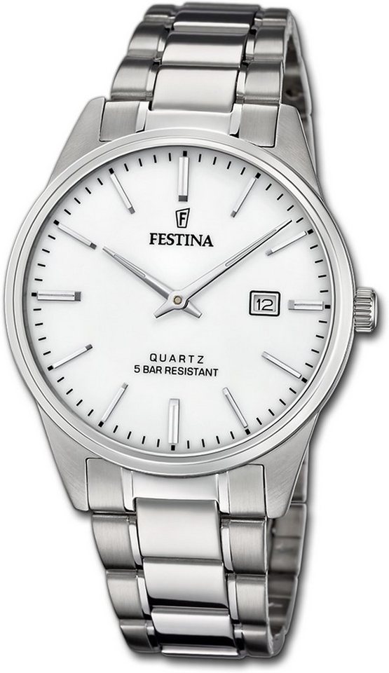 Festina Quarzuhr Festina Edelstahl Herrenuhr, Herrenuhr Edelstahlarmband silber, rund, mittel (ca. 39mm) von Festina