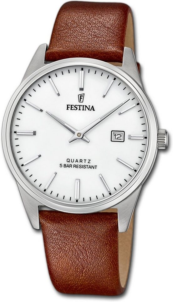 Festina Quarzuhr Festina Leder Elegant Herren Uhr, Herrenuhr Lederarmband braun, rund, mittel (ca. 39mm) von Festina