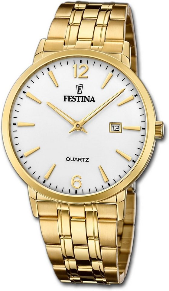 Festina Quarzuhr Festina Edelstahl Elegant Herren Uhr, Herrenuhr Edelstahlarmband gold, rund, groß (ca. 40,5mm) von Festina