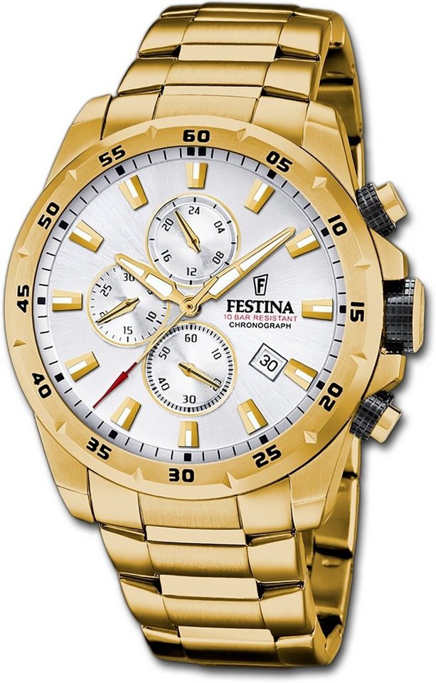 Festina Quarzuhr Festina Herrenuhr Chronograph Sport, Herrenuhr Edelstahlarmband gold, rund, groß (ca. 45mm) von Festina