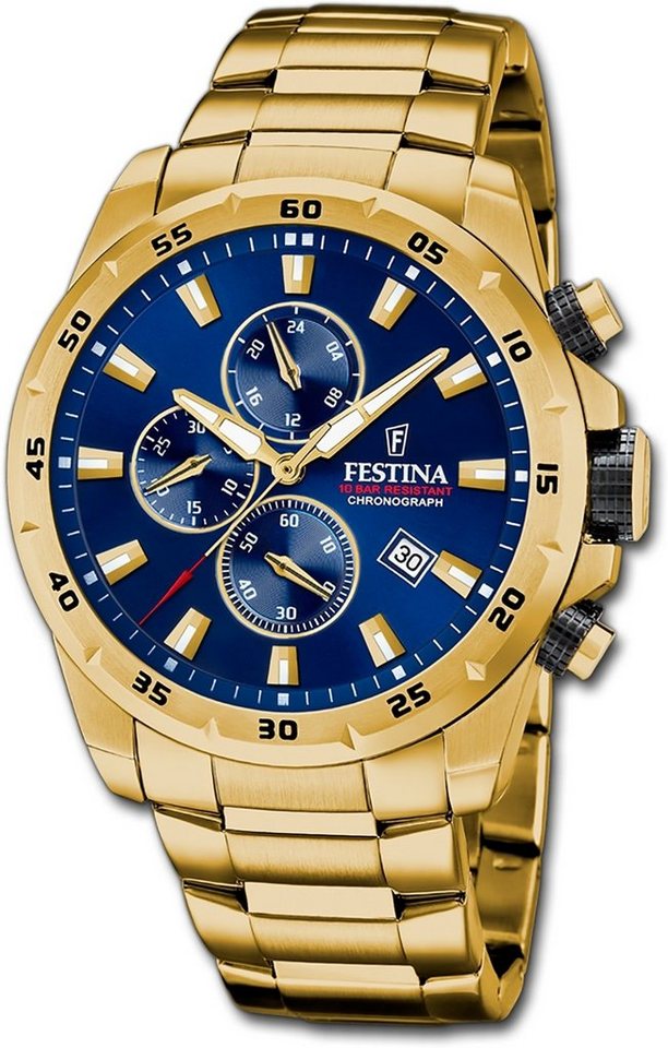 Festina Quarzuhr Festina Herrenuhr Chronograph Sport, Herrenuhr Edelstahlarmband gold, rund, groß (ca. 45mm) von Festina