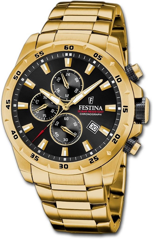 Festina Quarzuhr Festina Herrenuhr Chronograph Sport, Herrenuhr Edelstahlarmband gold, rund, groß (ca. 45mm) von Festina