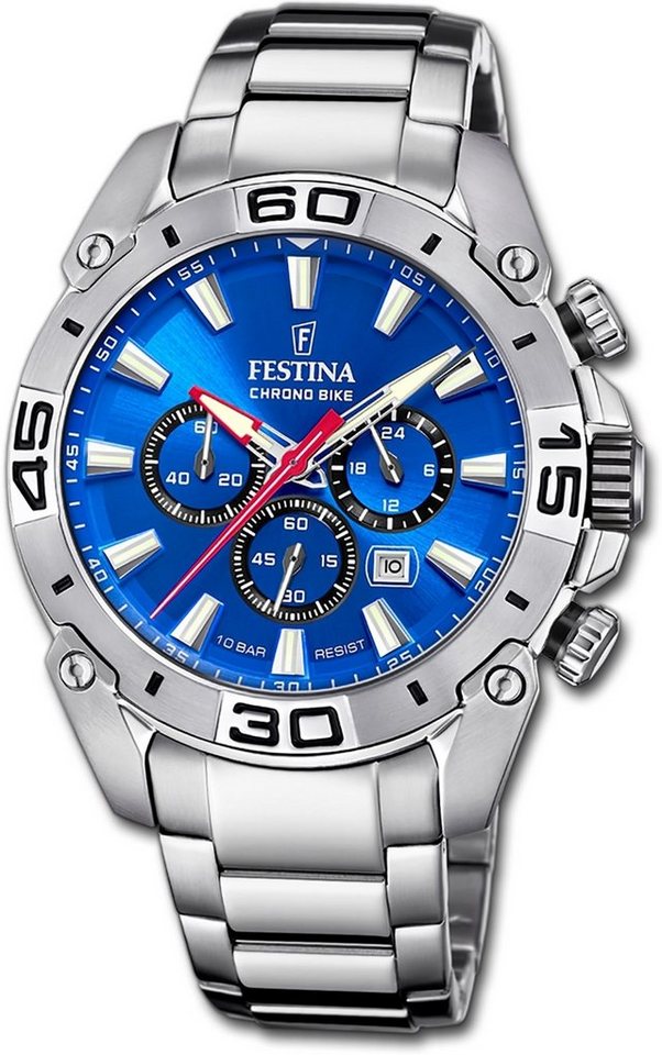 Festina Quarzuhr Festina Herrenuhr Chrono Bike, Herrenuhr Edelstahlarmband silber, rund, extra groß (ca. 46mm) von Festina