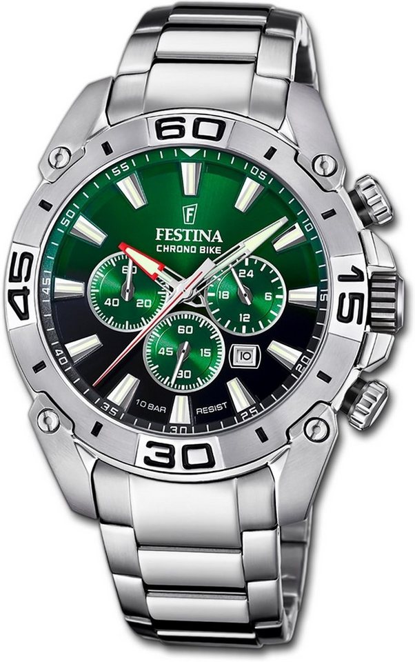 Festina Quarzuhr Festina Herrenuhr Chrono Bike, Herrenuhr Edelstahlarmband silber, rund, extra groß (ca. 46mm) von Festina