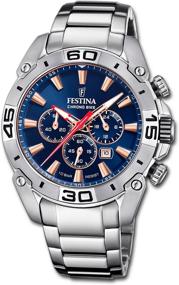 Festina Quarzuhr Festina Herrenuhr Chrono Bike, Herrenuhr Edelstahlarmband silber, rund, extra groß (ca. 46mm) von Festina