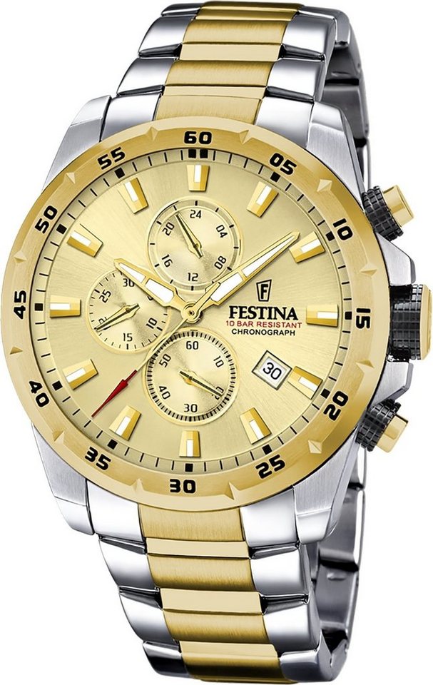 Festina Quarzuhr Festina Herrenuhr Chronograph Sport, Herrenuhr Edelstahlarmband silber, gold, rund, groß (ca. 45mm) von Festina