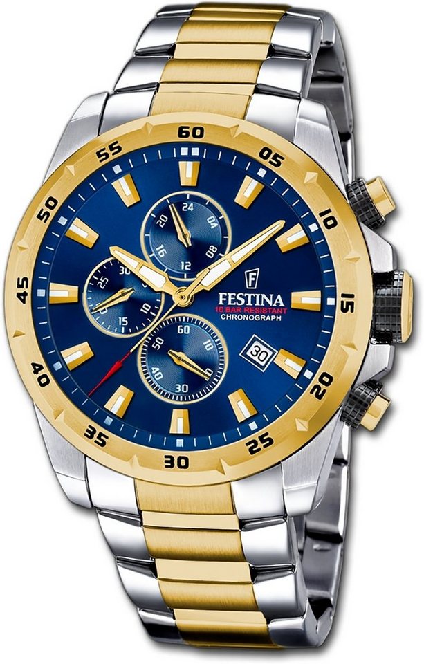 Festina Quarzuhr Festina Herrenuhr Chronograph Sport, Herrenuhr Edelstahlarmband silber, gold, rund, groß (ca. 45mm) von Festina