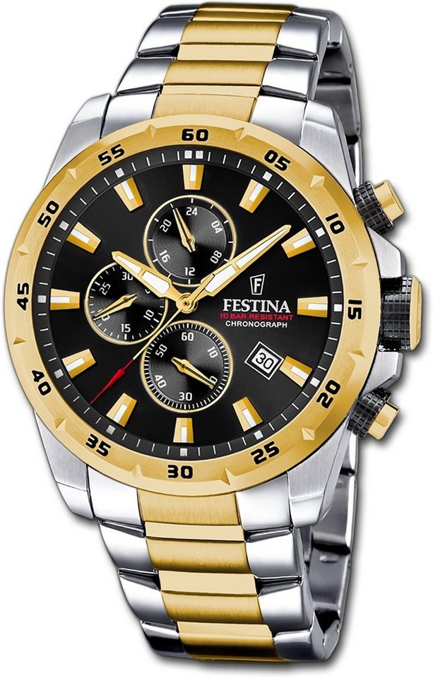 Festina Quarzuhr Festina Herrenuhr Chronograph Sport, Herrenuhr Edelstahlarmband silber, gold, rund, groß (ca. 45mm) von Festina